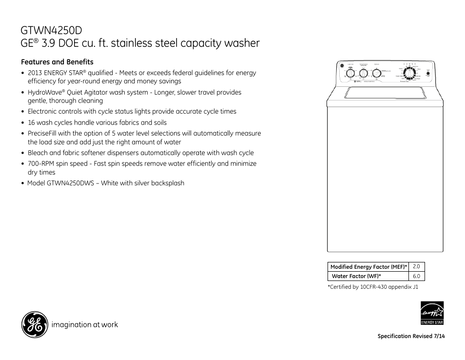Gtwn4250d ge, 9 doe cu. ft. stainless steel capacity washer | GE GTWN4250DWS User Manual | Page 2 / 2