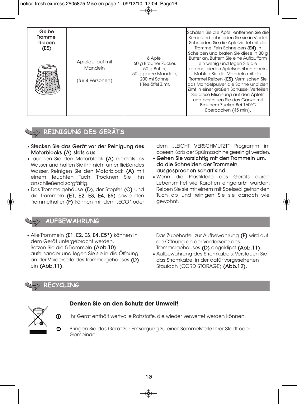 Reinigung des geräts aufbewahrung recycling | Moulinex FRESH EXPRESS DJ750G User Manual | Page 20 / 76