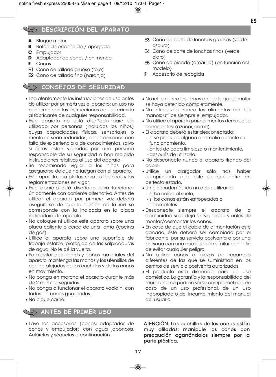 Antes de primer uso, Descripción del aparato consejos de seguridad es | Moulinex FRESH EXPRESS DJ750G User Manual | Page 21 / 76