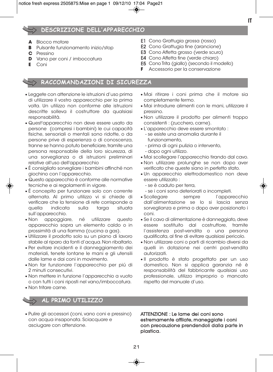 Al primo utilizzo | Moulinex FRESH EXPRESS DJ750G User Manual | Page 25 / 76