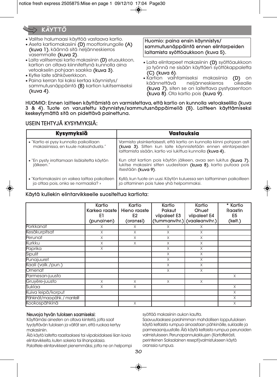 Käyttö, Usein tehtyjä kysymyksiä, Kysymyksiä vastauksia | Moulinex FRESH EXPRESS DJ750G User Manual | Page 34 / 76