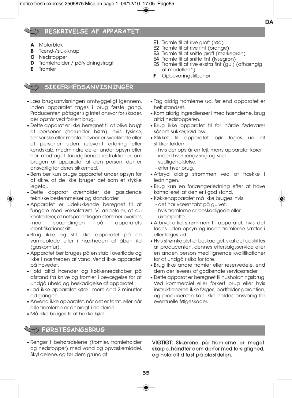 Beskrivelse af apparatet sikkerhedsanvisninger, Førstegangsbrug da | Moulinex FRESH EXPRESS DJ750G User Manual | Page 59 / 76