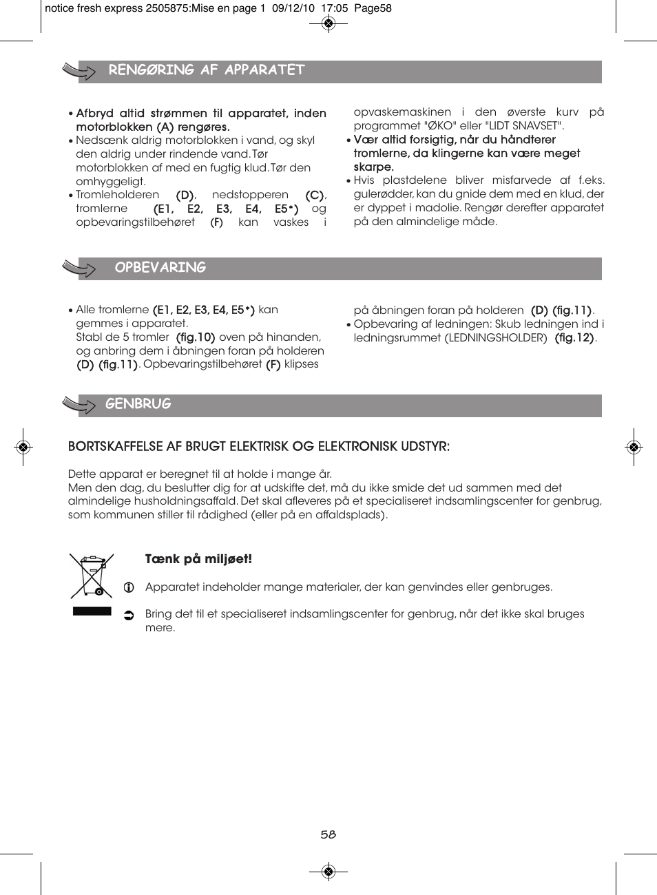 Rengøring af apparatet opbevaring genbrug | Moulinex FRESH EXPRESS DJ750G User Manual | Page 62 / 76