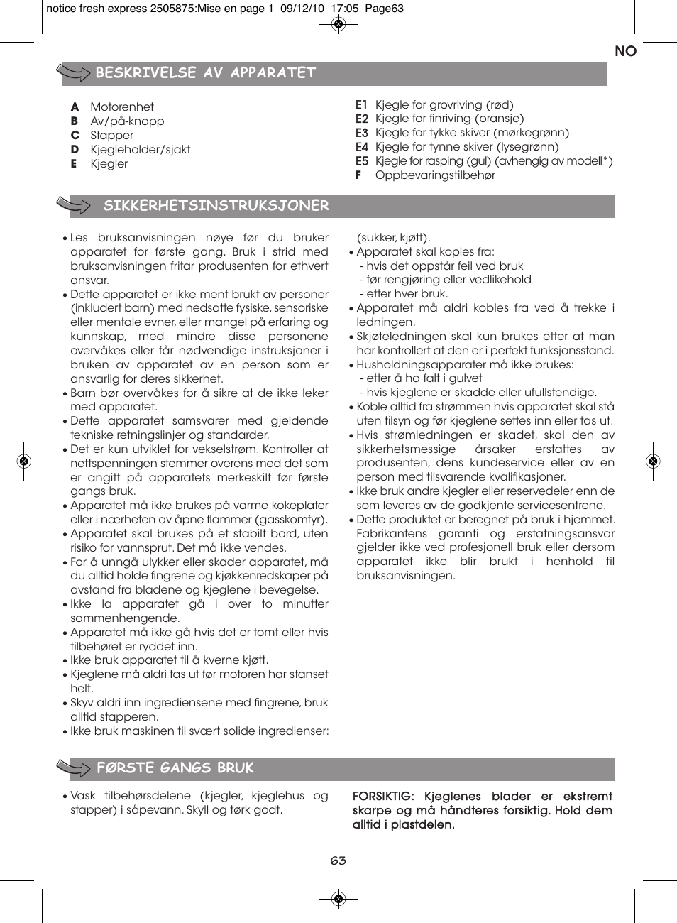 Sikkerhetsinstruksjoner, Første gangs bruk beskrivelse av apparatet no | Moulinex FRESH EXPRESS DJ750G User Manual | Page 67 / 76