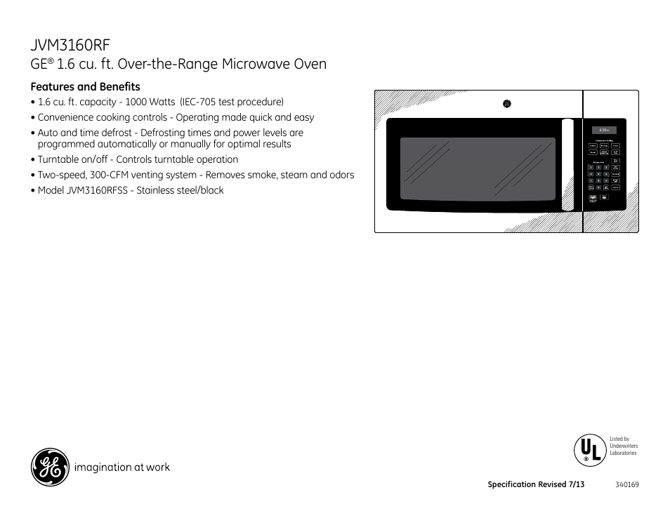 Jvm3160rf, 6 cu. ft. over-the-range microwave oven | GE JVM3160RFSS User Manual | Page 3 / 3
