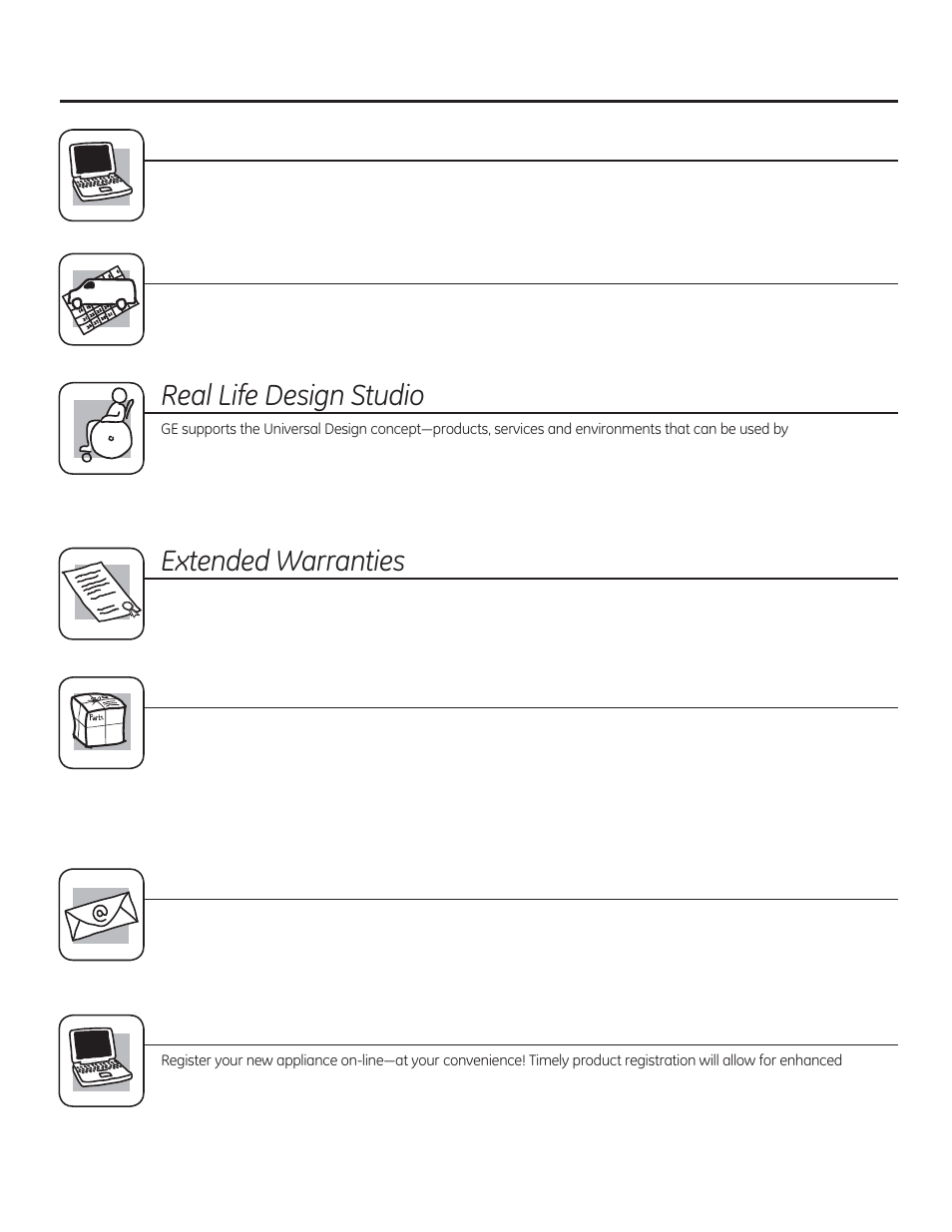 Register your appliance, Consumer support. ge appliances website, Schedule service | 5hdo/lih'hvljq6wxglr, Whqghg:duudqwlhv, Parts and accessories, Contact us | GE JTP90DPBB User Manual | Page 44 / 88