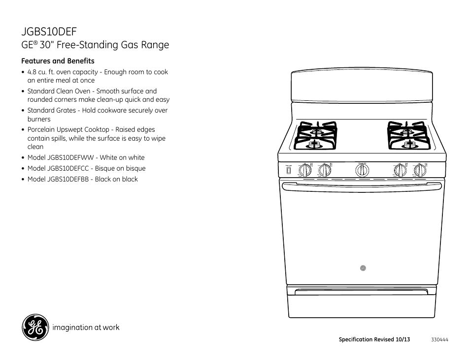 Jgbs10def, 30" free-standing gas range | GE JGBS10DEFWW User Manual | Page 2 / 2