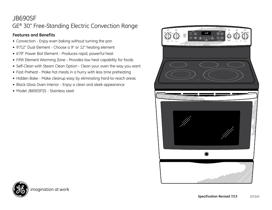 Jb690sf, 30" free-standing electric convection range | GE JB690SFSS User Manual | Page 2 / 2