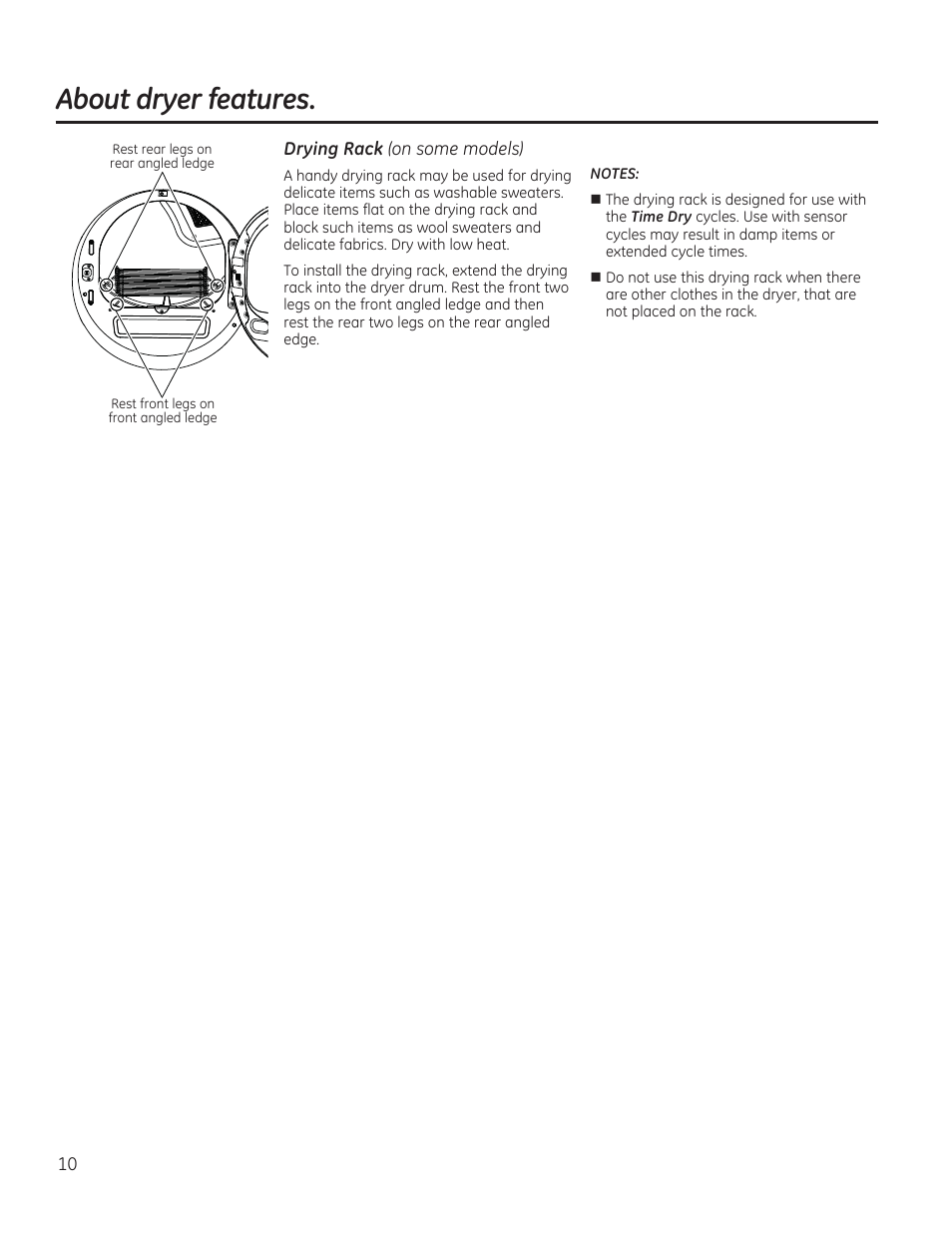 About dryer features | GE GFDR480GFWW User Manual | Page 10 / 144