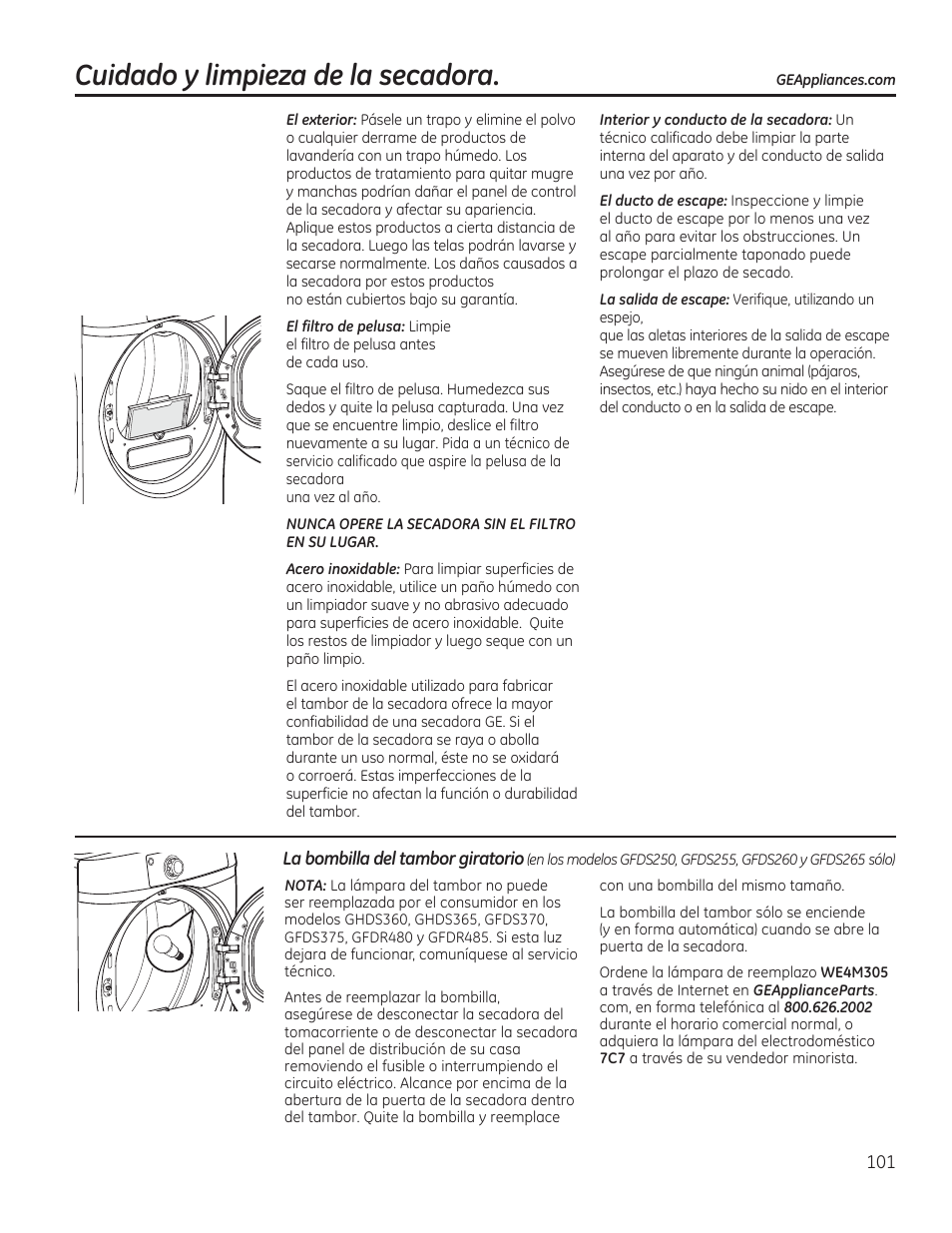 Cuidado y limpieza de la secadora | GE GFDR480GFWW User Manual | Page 101 / 144