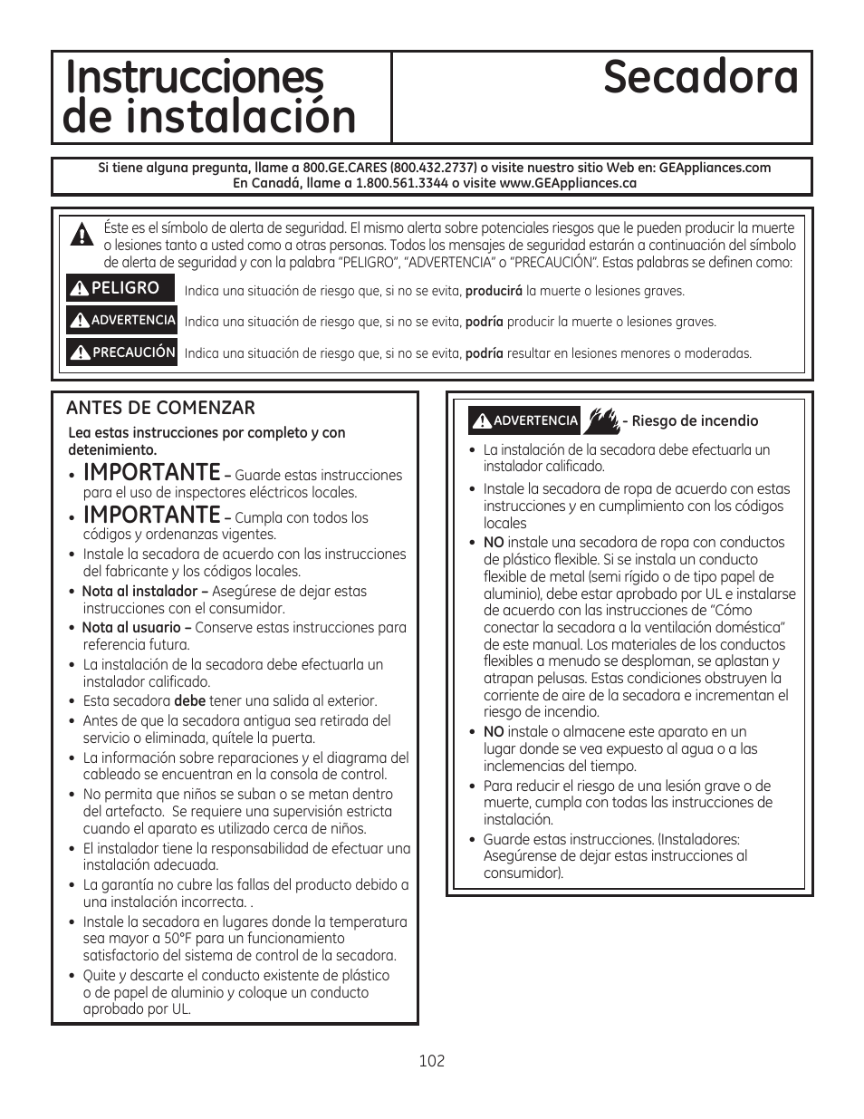 Instrucciones, Secadora, De instalación | Importante | GE GFDR480GFWW User Manual | Page 102 / 144