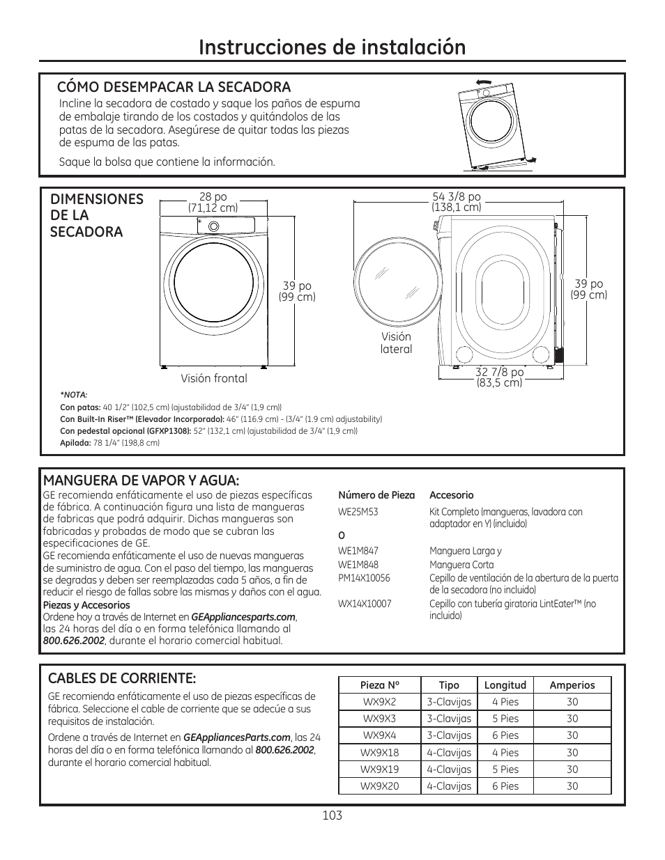 Instrucciones de instalación, Dimensiones de la secadora cables de corriente | GE GFDR480GFWW User Manual | Page 103 / 144