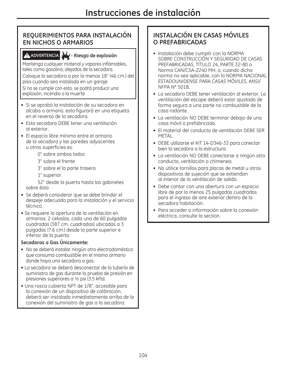 Instrucciones de instalación | GE GFDR480GFWW User Manual | Page 104 / 144