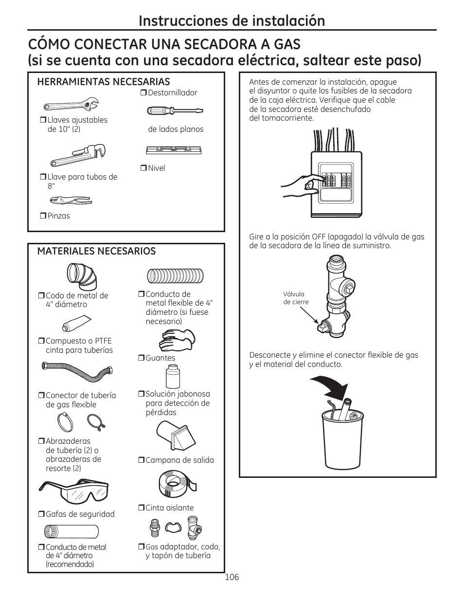 Instrucciones de instalación, Herramientas necesarias, Materiales necesarios | GE GFDR480GFWW User Manual | Page 106 / 144