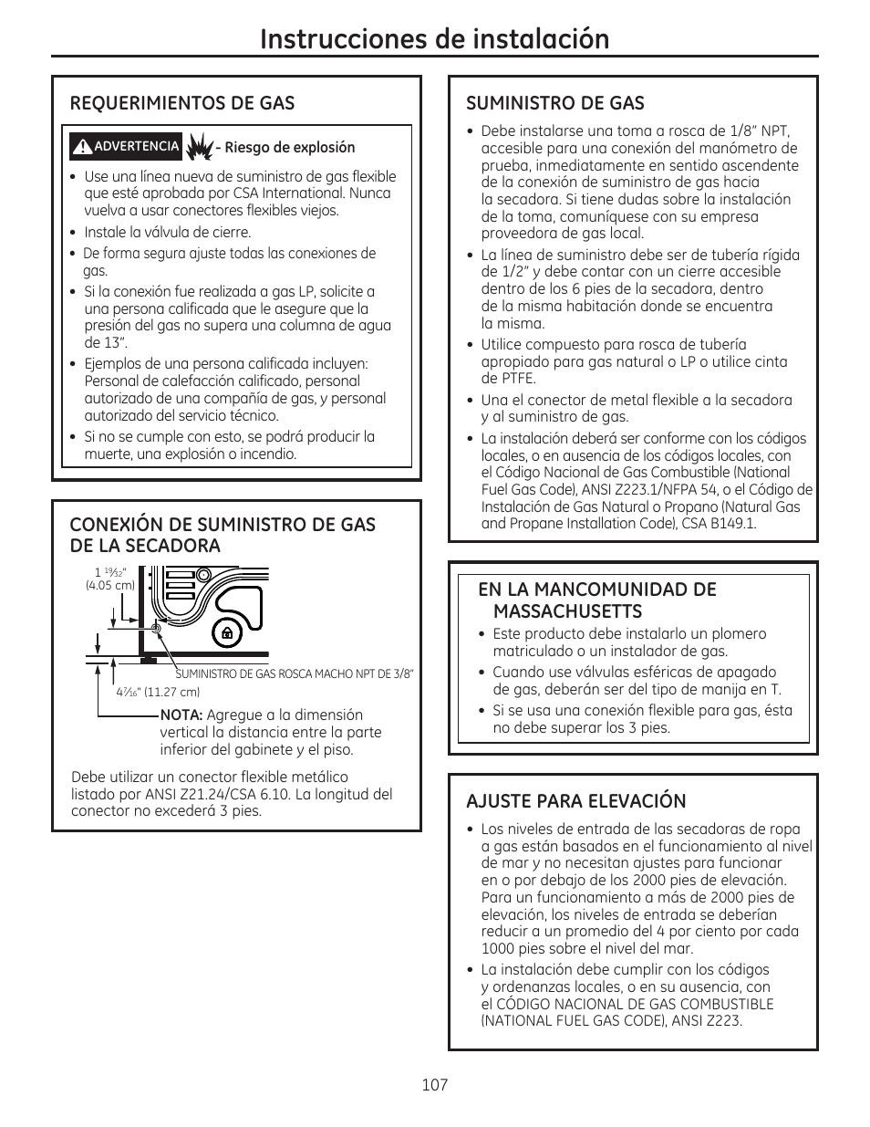 Instrucciones de instalación, En la mancomunidad de massachusetts, Ajuste para elevación | GE GFDR480GFWW User Manual | Page 107 / 144