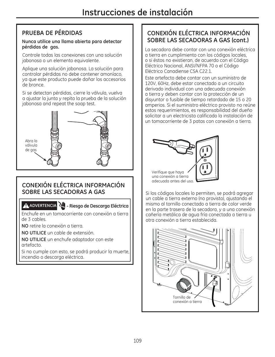 Instrucciones de instalación, Prueba de pérdidas | GE GFDR480GFWW User Manual | Page 109 / 144