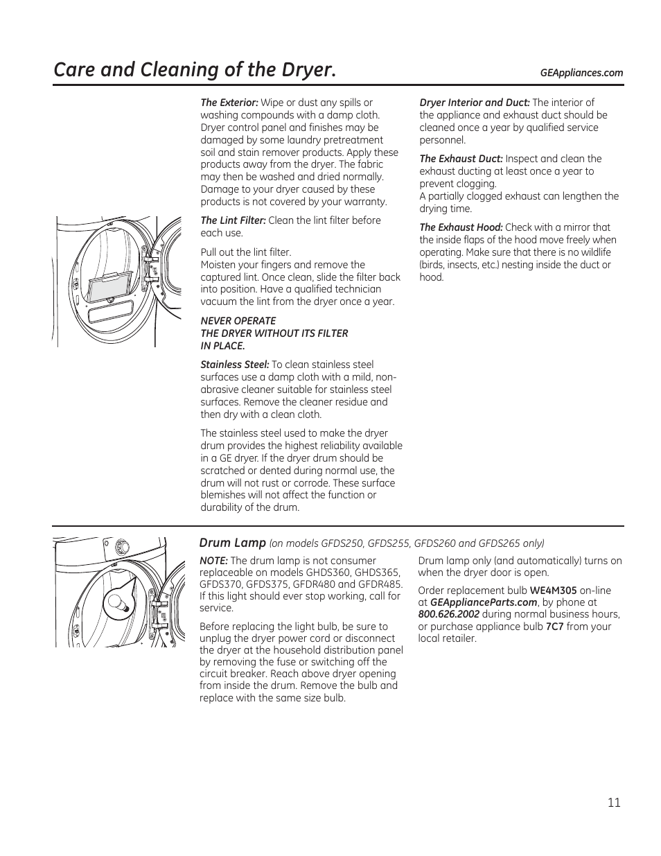 Care and cleaning of the dryer | GE GFDR480GFWW User Manual | Page 11 / 144