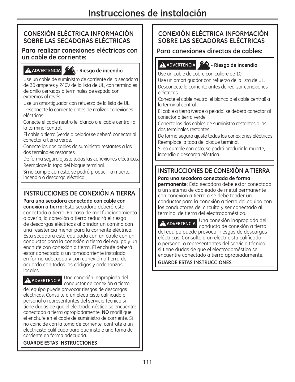Instrucciones de instalación | GE GFDR480GFWW User Manual | Page 111 / 144
