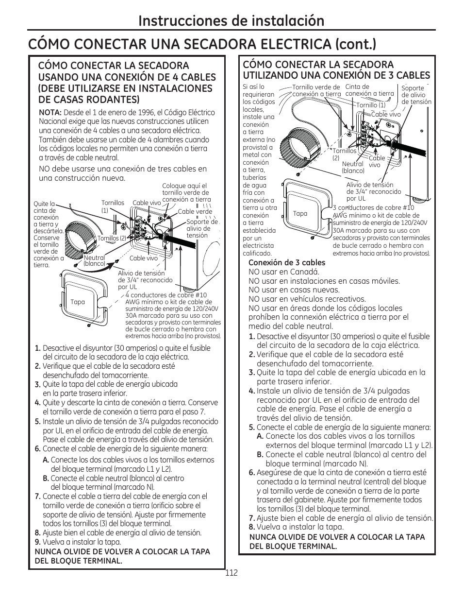 Instrucciones de instalación, Cómo conectar una secadora electrica (cont.) | GE GFDR480GFWW User Manual | Page 112 / 144