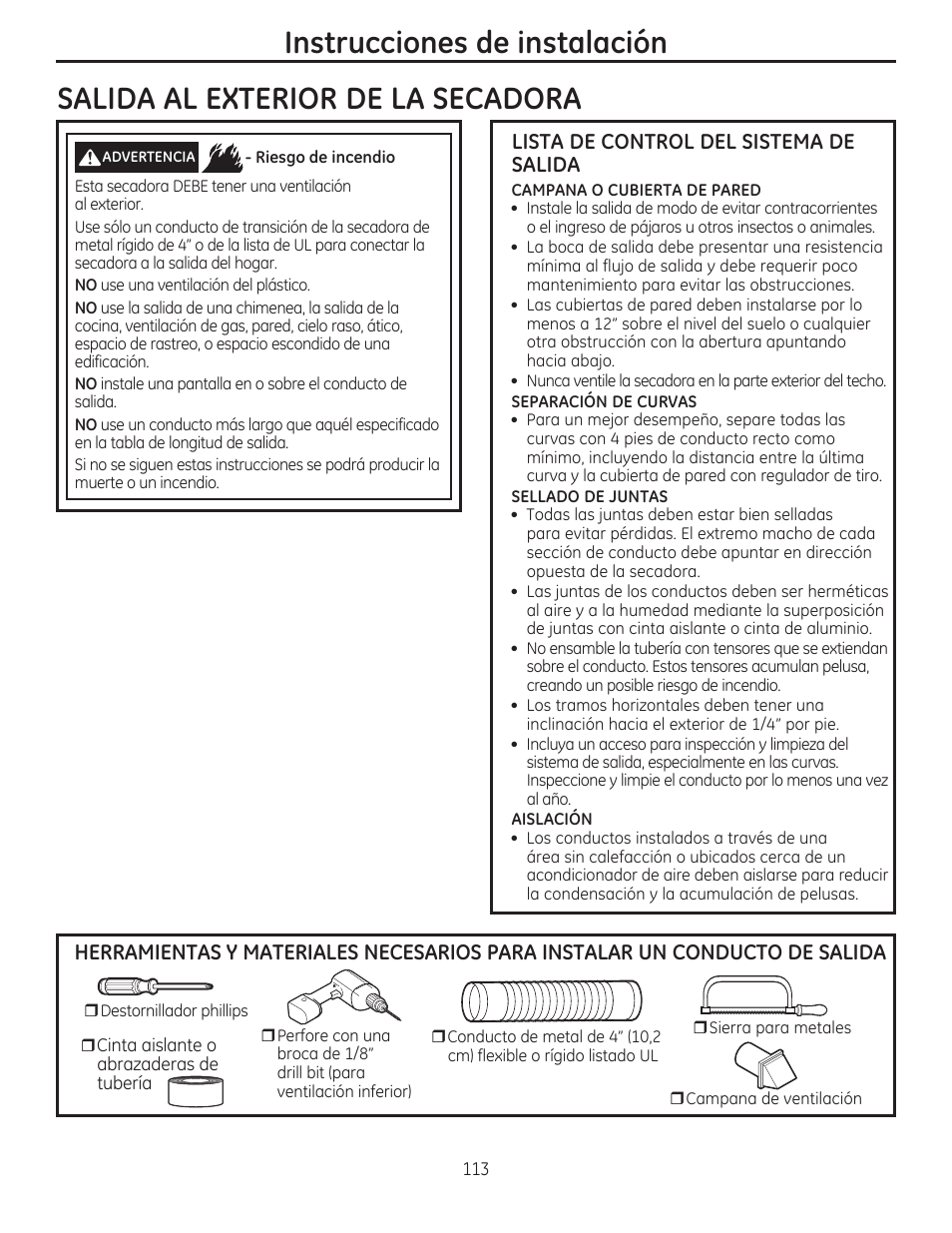 Instrucciones de instalación, Salida al exterior de la secadora, Lista de control del sistema de salida | GE GFDR480GFWW User Manual | Page 113 / 144