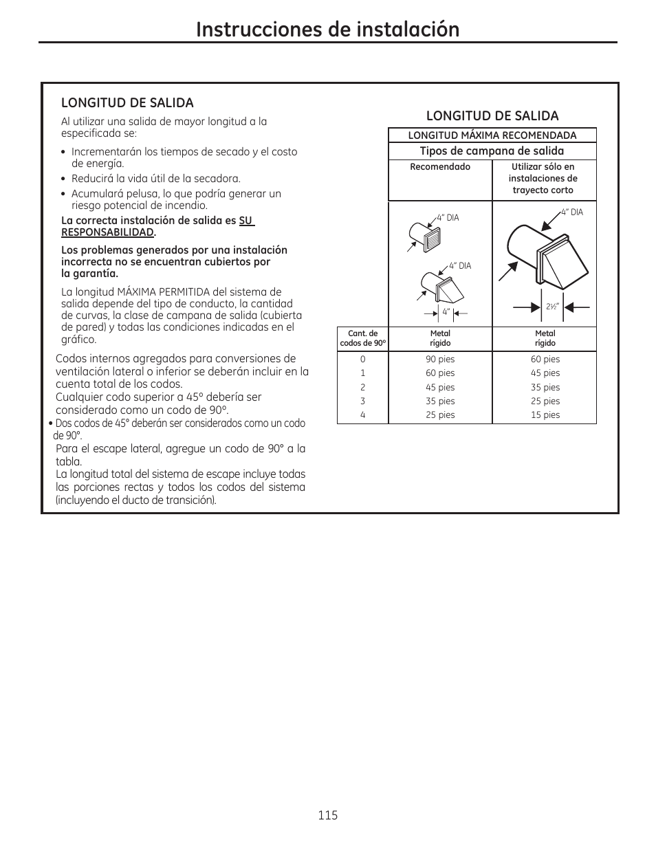 Instrucciones de instalación, Longitud de salida | GE GFDR480GFWW User Manual | Page 115 / 144