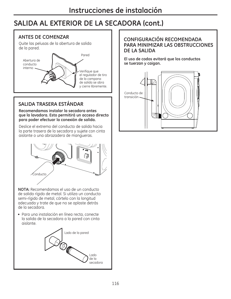 Instrucciones de instalación, Salida al exterior de la secadora (cont.), Antes de comenzar | Salida trasera estándar | GE GFDR480GFWW User Manual | Page 116 / 144