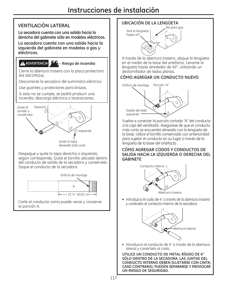 Instrucciones de instalación, Ventilación lateral | GE GFDR480GFWW User Manual | Page 117 / 144