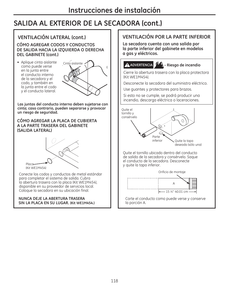 Instrucciones de instalación, Salida al exterior de la secadora (cont.), Ventilación lateral (cont.) | Ventilación por la parte inferior | GE GFDR480GFWW User Manual | Page 118 / 144