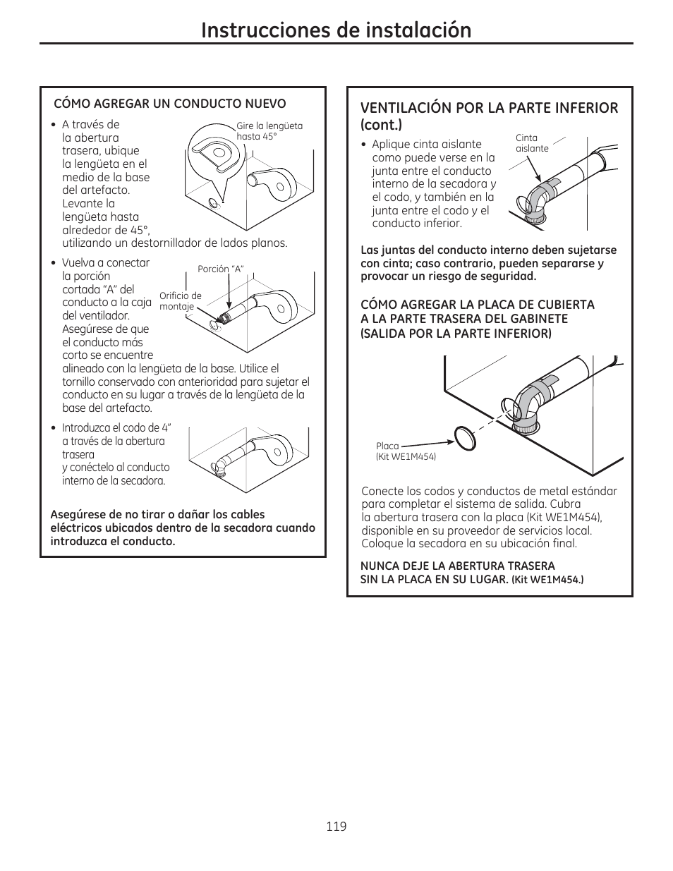 Instrucciones de instalación, Ventilación por la parte inferior (cont.) | GE GFDR480GFWW User Manual | Page 119 / 144