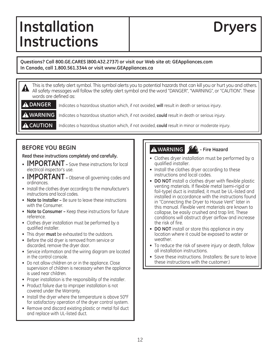 Installation dryers instructions, Important | GE GFDR480GFWW User Manual | Page 12 / 144
