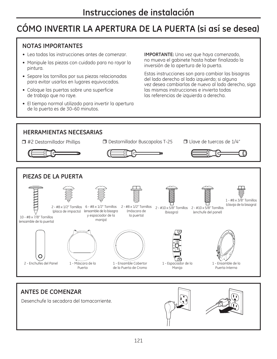 Instrucciones de instalación, Notas importantes, Herramientas necesarias piezas de la puerta | Antes de comenzar | GE GFDR480GFWW User Manual | Page 121 / 144