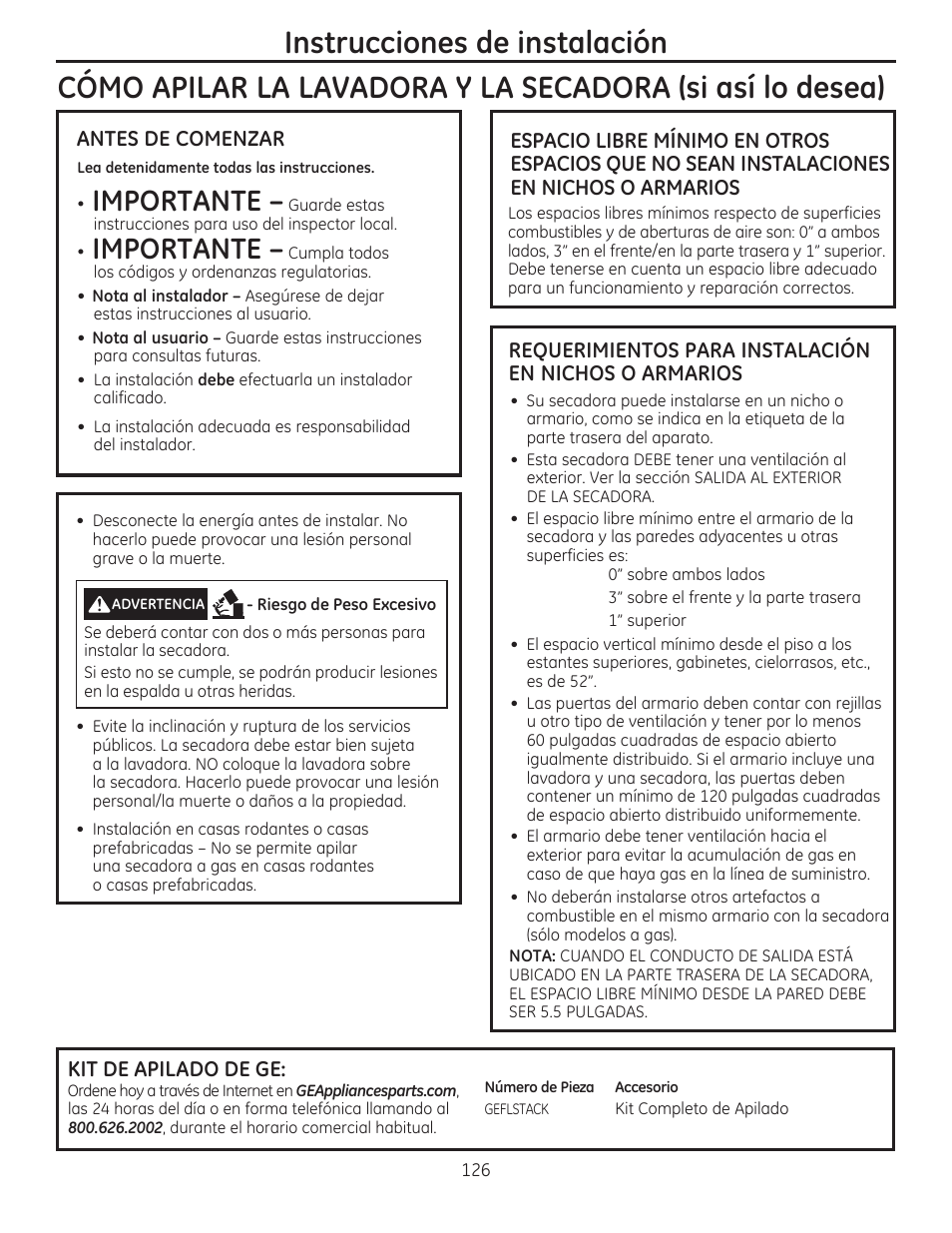 Instrucciones de instalación, Importante, Antes de comenzar | Kit de apilado de ge | GE GFDR480GFWW User Manual | Page 126 / 144