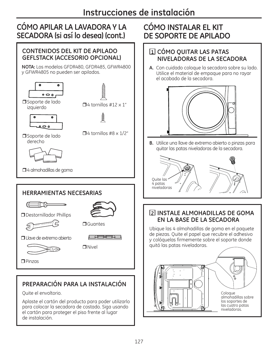 Instrucciones de instalación, Cómo instalar el kit de soporte de apilado | GE GFDR480GFWW User Manual | Page 127 / 144