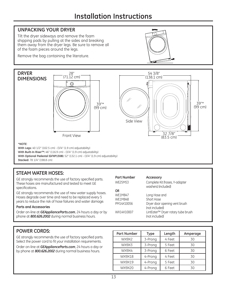 Installation instructions, Power cords | GE GFDR480GFWW User Manual | Page 13 / 144