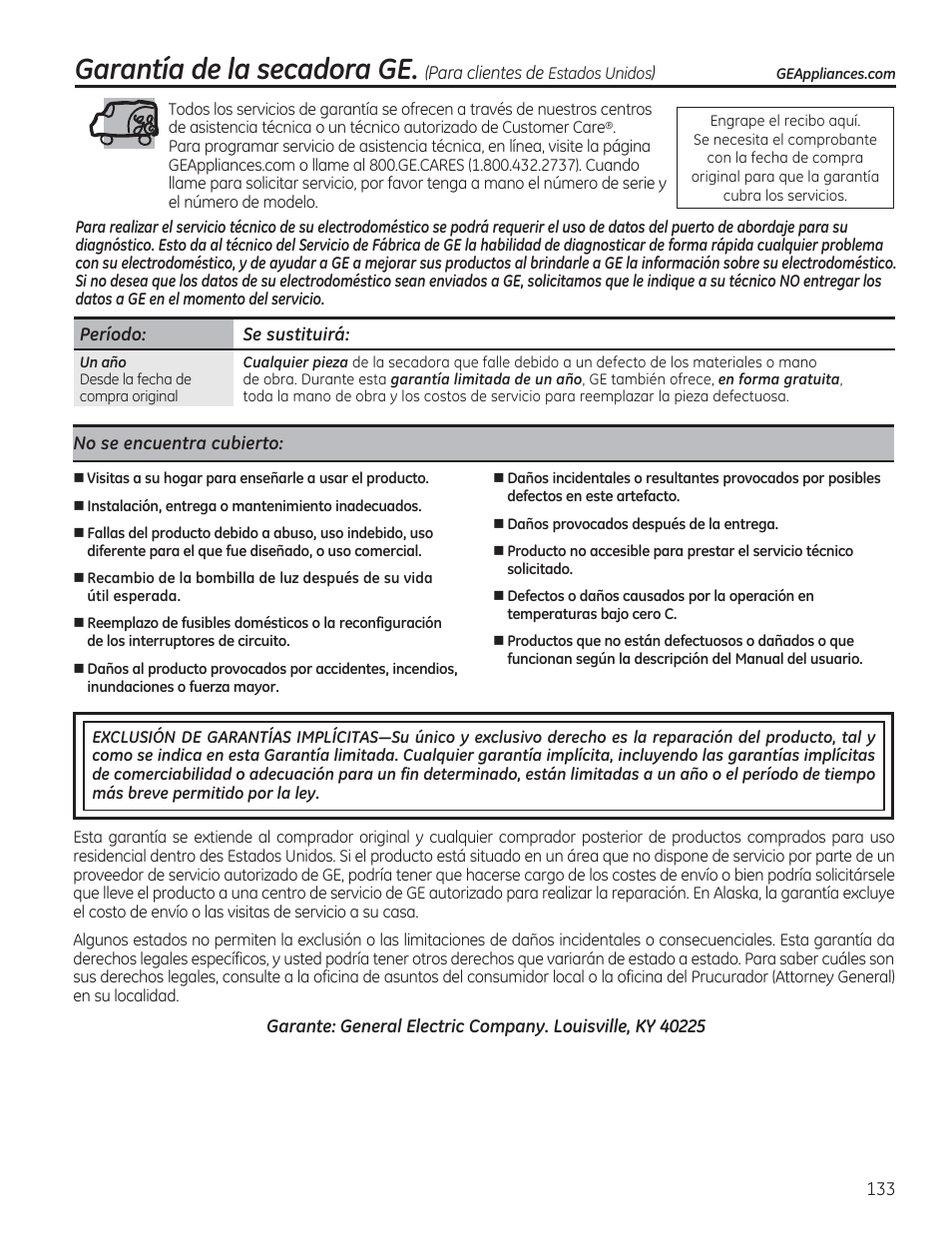 Garantía de la secadora ge | GE GFDR480GFWW User Manual | Page 133 / 144