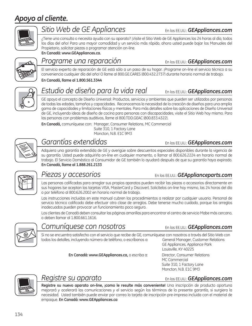 Apoyo al cliente. sitio web de ge appliances, Programe una reparación, Estudio de diseño para la vida real | Garantías extendidas, Piezas y accesorios, Comuníquese con nosotros, Registre su aparato | GE GFDR480GFWW User Manual | Page 134 / 144
