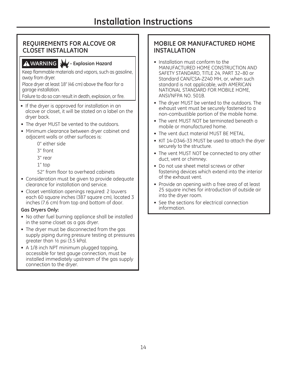 Installation instructions | GE GFDR480GFWW User Manual | Page 14 / 144