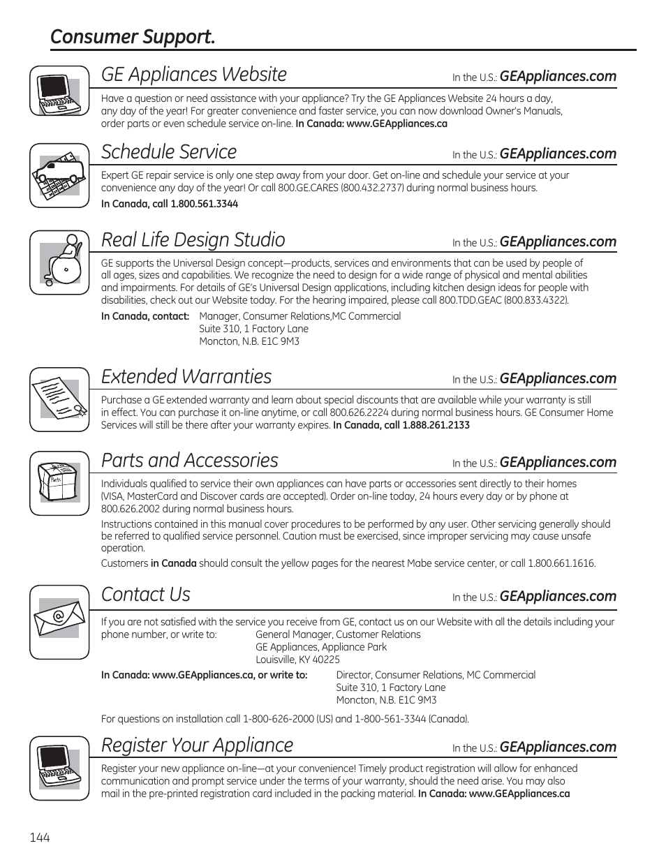 Consumer support. ge appliances website, Schedule service, Real life design studio | Extended warranties, Parts and accessories, Contact us, Register your appliance | GE GFDR480GFWW User Manual | Page 144 / 144