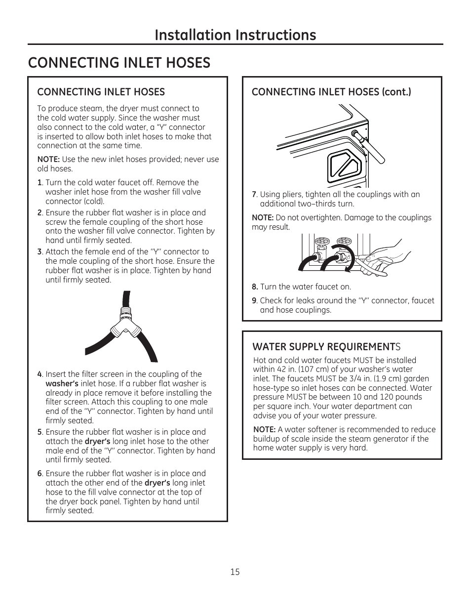 Installation instructions connecting inlet hoses | GE GFDR480GFWW User Manual | Page 15 / 144