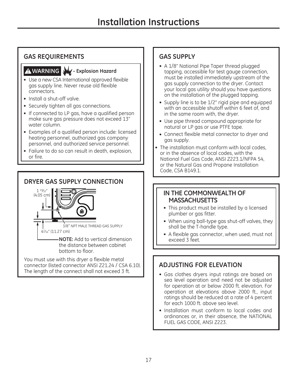 Installation instructions, Adjusting for elevation, Warning | GE GFDR480GFWW User Manual | Page 17 / 144