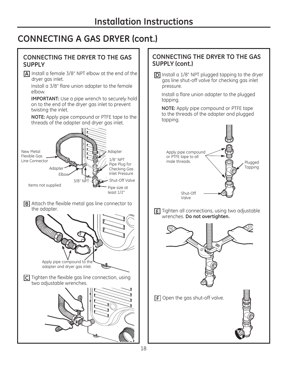 Installation instructions, Connecting a gas dryer (cont.), Connecting the dryer to the gas supply (cont.) | Connecting the dryer to the gas supply | GE GFDR480GFWW User Manual | Page 18 / 144
