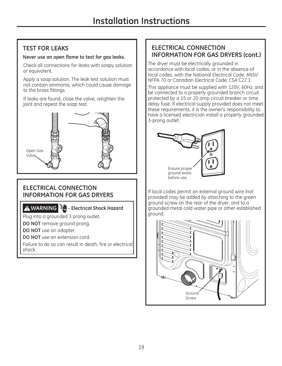 Installation instructions, Test for leaks, Electrical connection information for gas dryers | GE GFDR480GFWW User Manual | Page 19 / 144