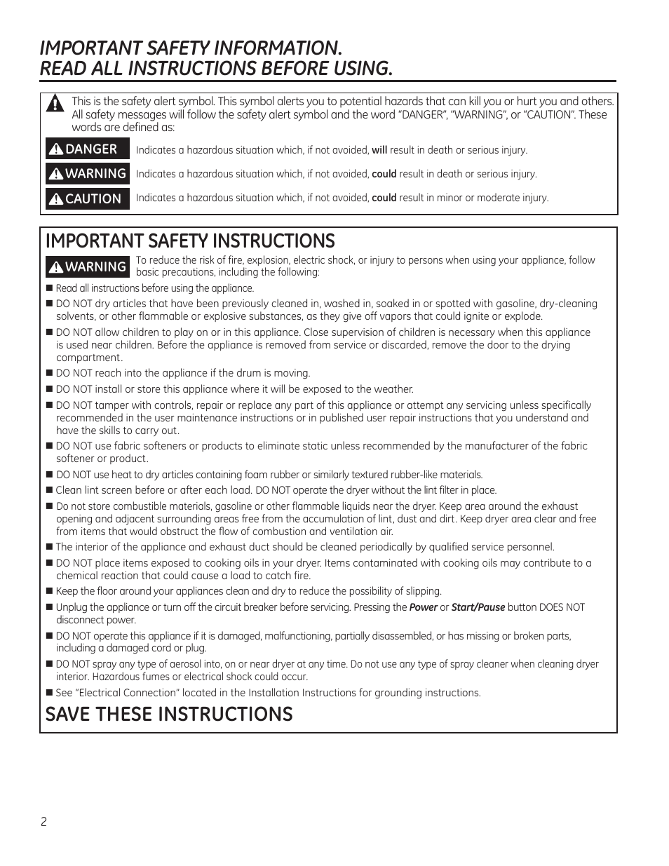 Important safety instructions, Save these instructions | GE GFDR480GFWW User Manual | Page 2 / 144