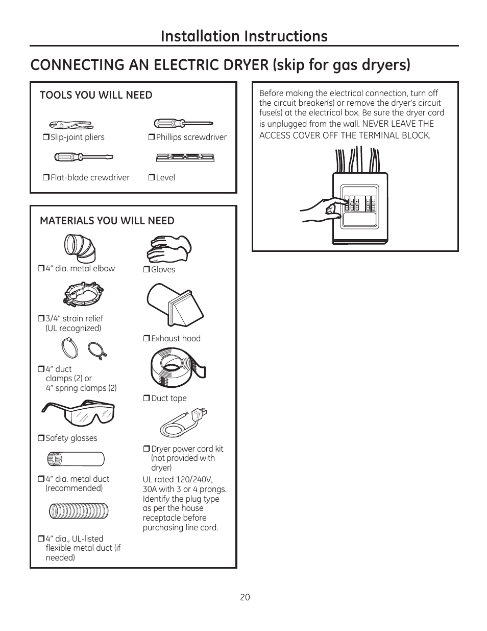 Tools you will need materials you will need | GE GFDR480GFWW User Manual | Page 20 / 144