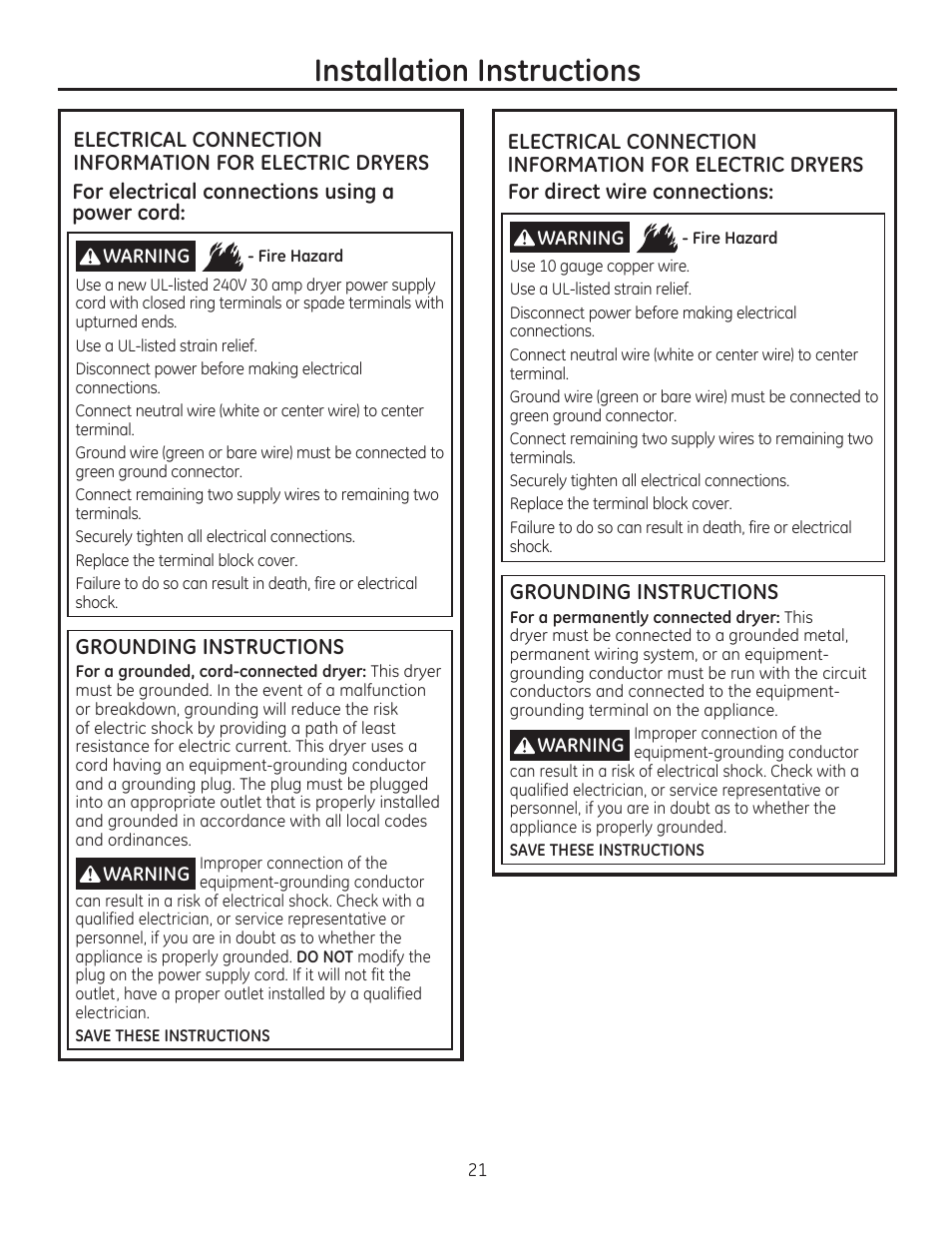 Installation instructions | GE GFDR480GFWW User Manual | Page 21 / 144