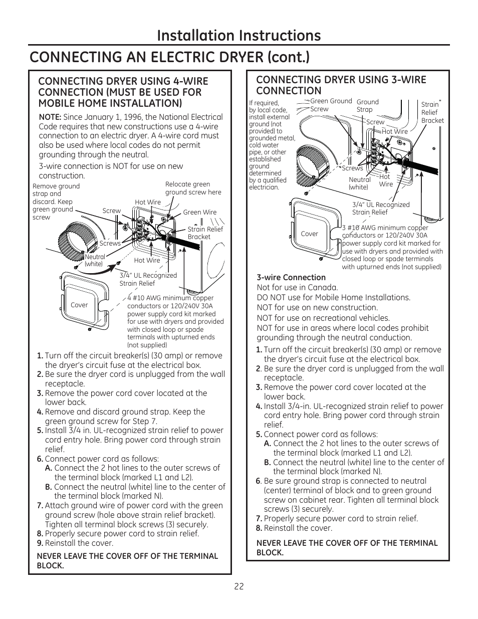 Installation instructions, Connecting an electric dryer (cont.), Connecting dryer using 3-wire connection | GE GFDR480GFWW User Manual | Page 22 / 144