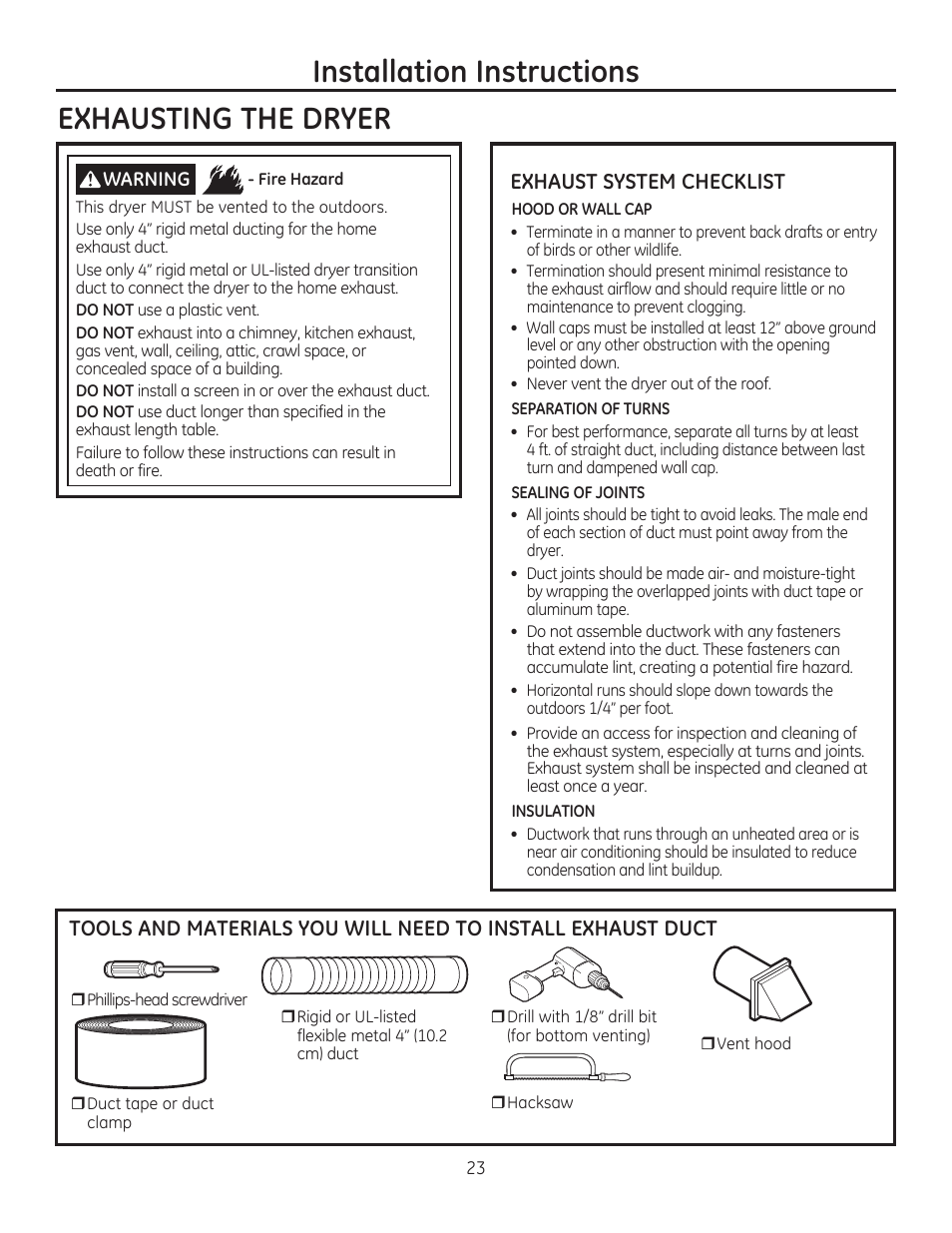 Installation instructions exhausting the dryer, Exhaust system checklist | GE GFDR480GFWW User Manual | Page 23 / 144