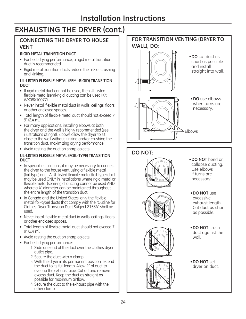 Connecting the dryer to house vent, For transition venting (dryer to wall), do, Do not | GE GFDR480GFWW User Manual | Page 24 / 144