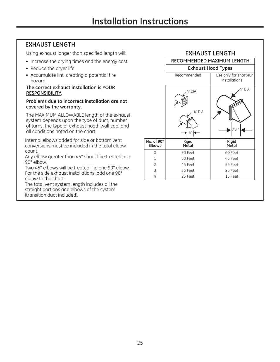 Installation instructions, Exhaust length | GE GFDR480GFWW User Manual | Page 25 / 144