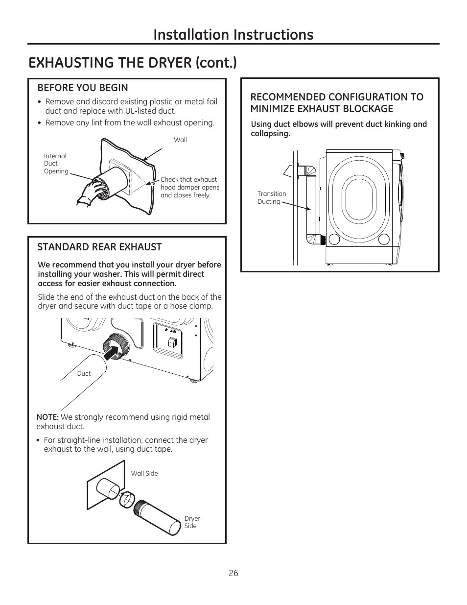 Before you begin, Standard rear exhaust | GE GFDR480GFWW User Manual | Page 26 / 144